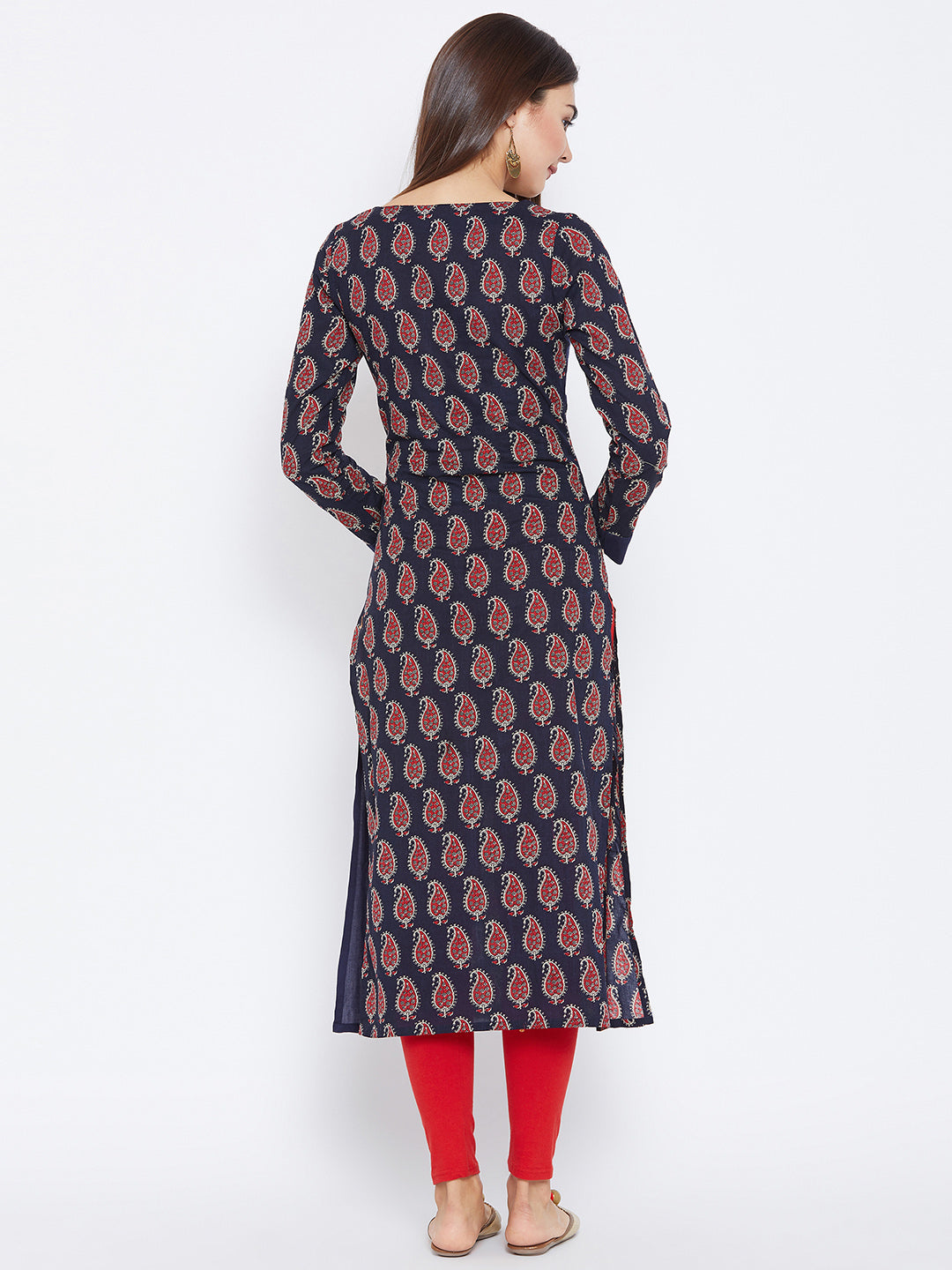 Women's Navy Blue And Red Color Paisely Printed Streight Fit Angrakha Kurta