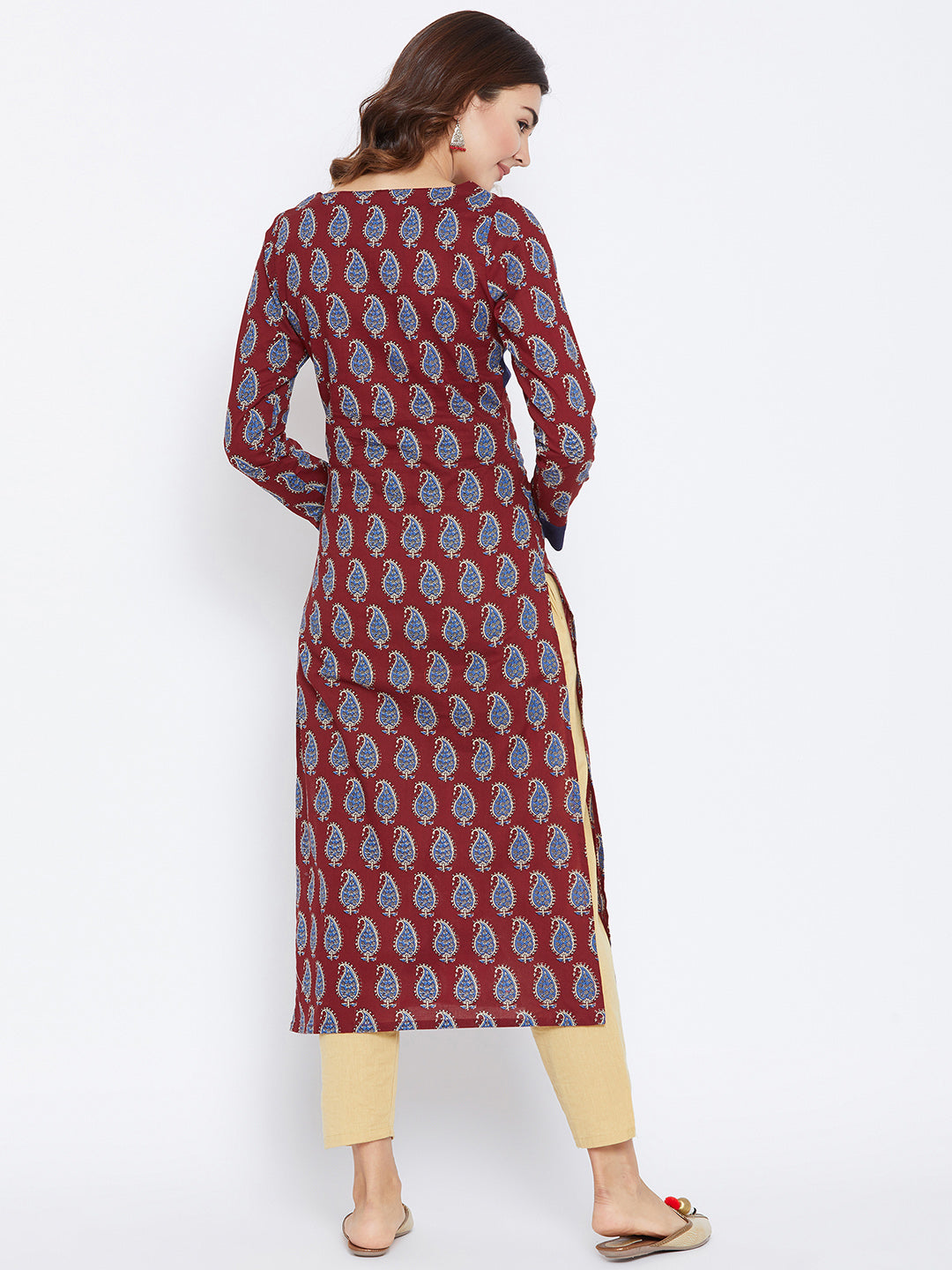 Women's Maroon And Blue Color Paisely Printed Streight Fit Angrakha Kurta