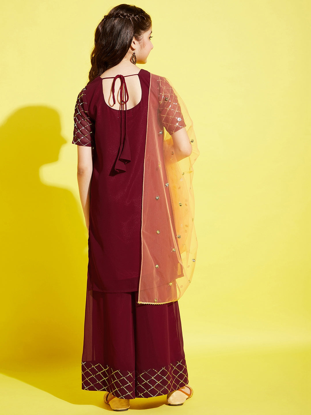 Girls Burgundy Embroidered Straight Kurta with Palazzos & With Dupatta