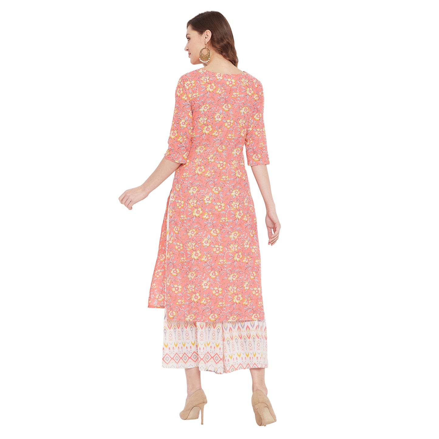 Printed peach kurta with white printed palazzo