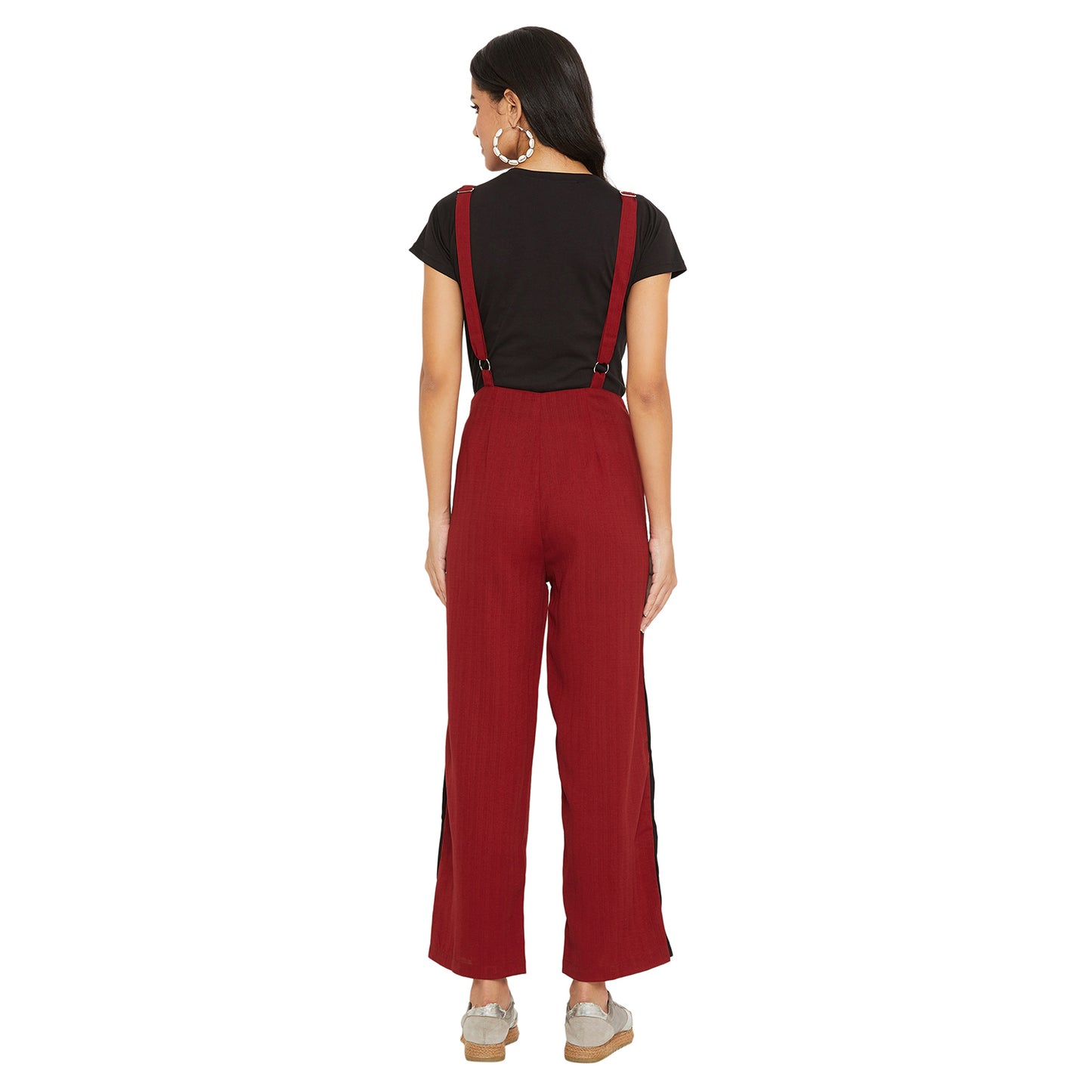 Maroon solid dungarees with side stripes detail