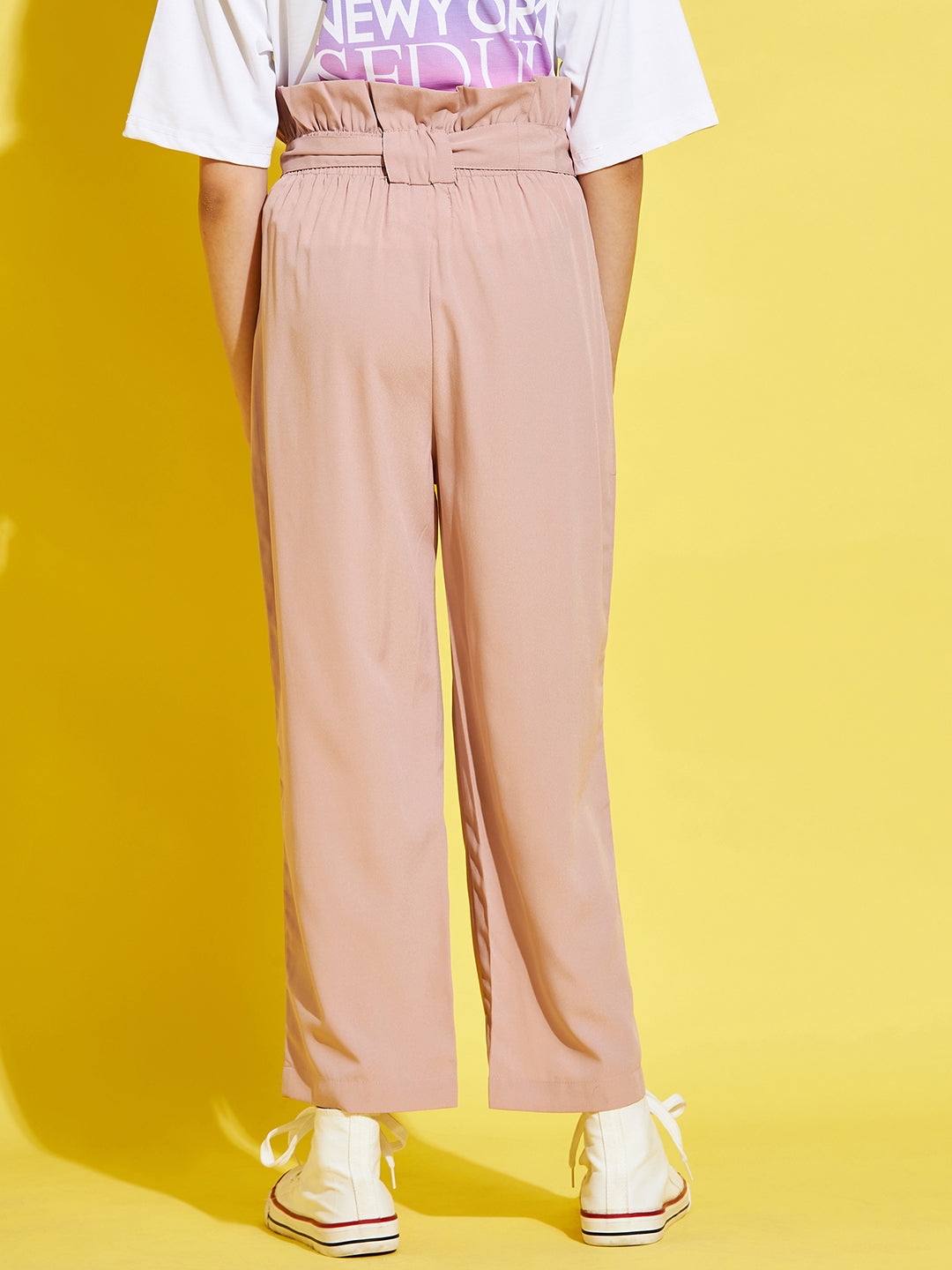 Girls Peach-Coloured Relaxed High-Rise Trousers