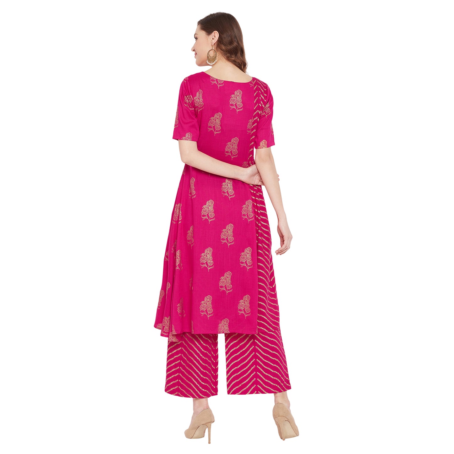 Fuchsia foil printed kurta set