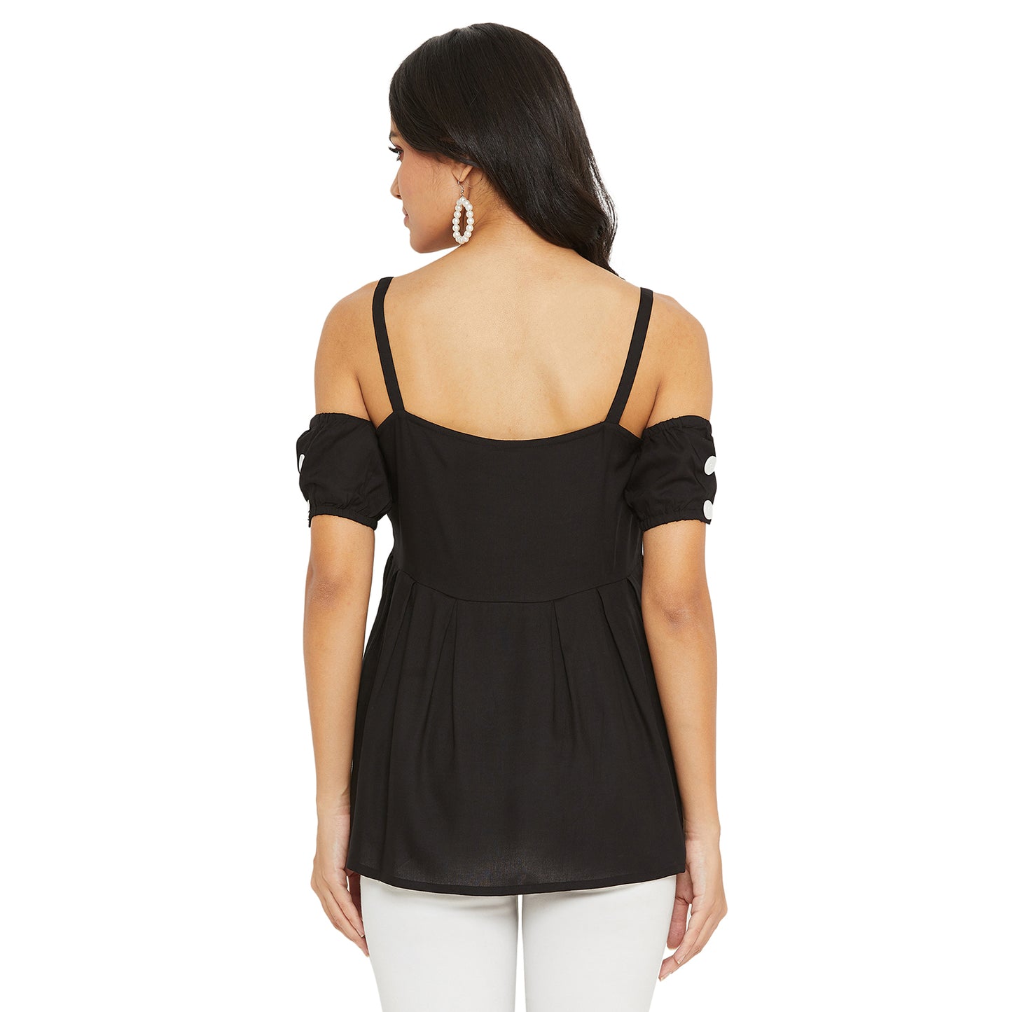 Black Solid Off Shoulder Puff Sleeves Bardot Top