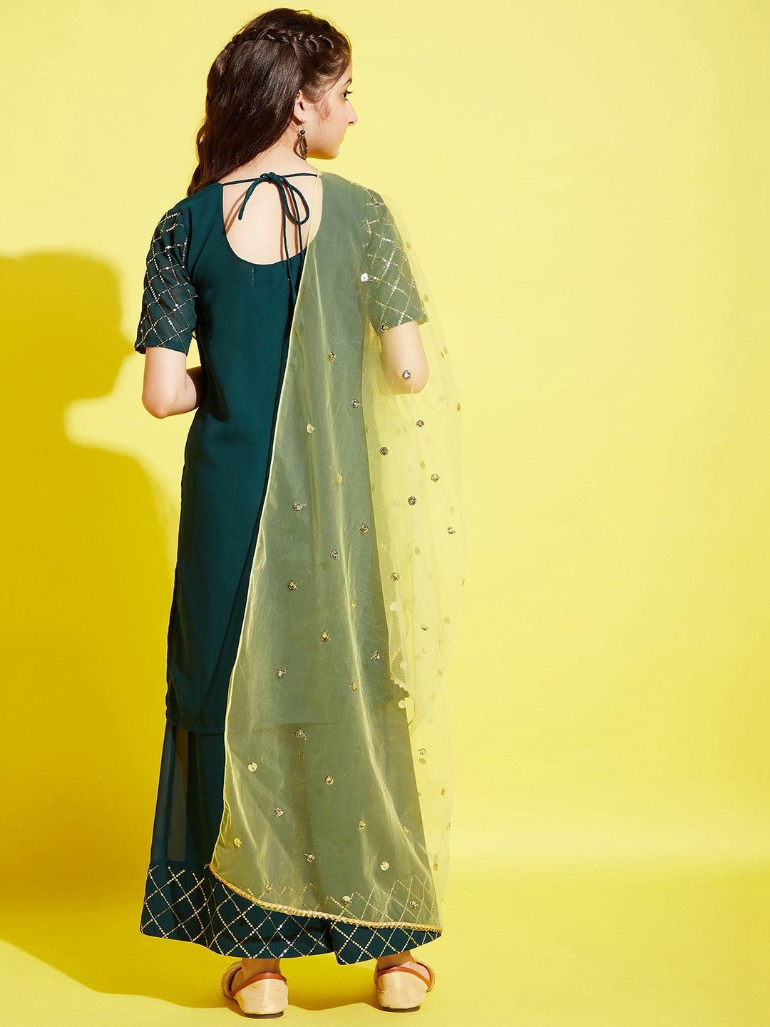 Girls Green Embroidered Straight Kurta with Palazzo & With Dupatta