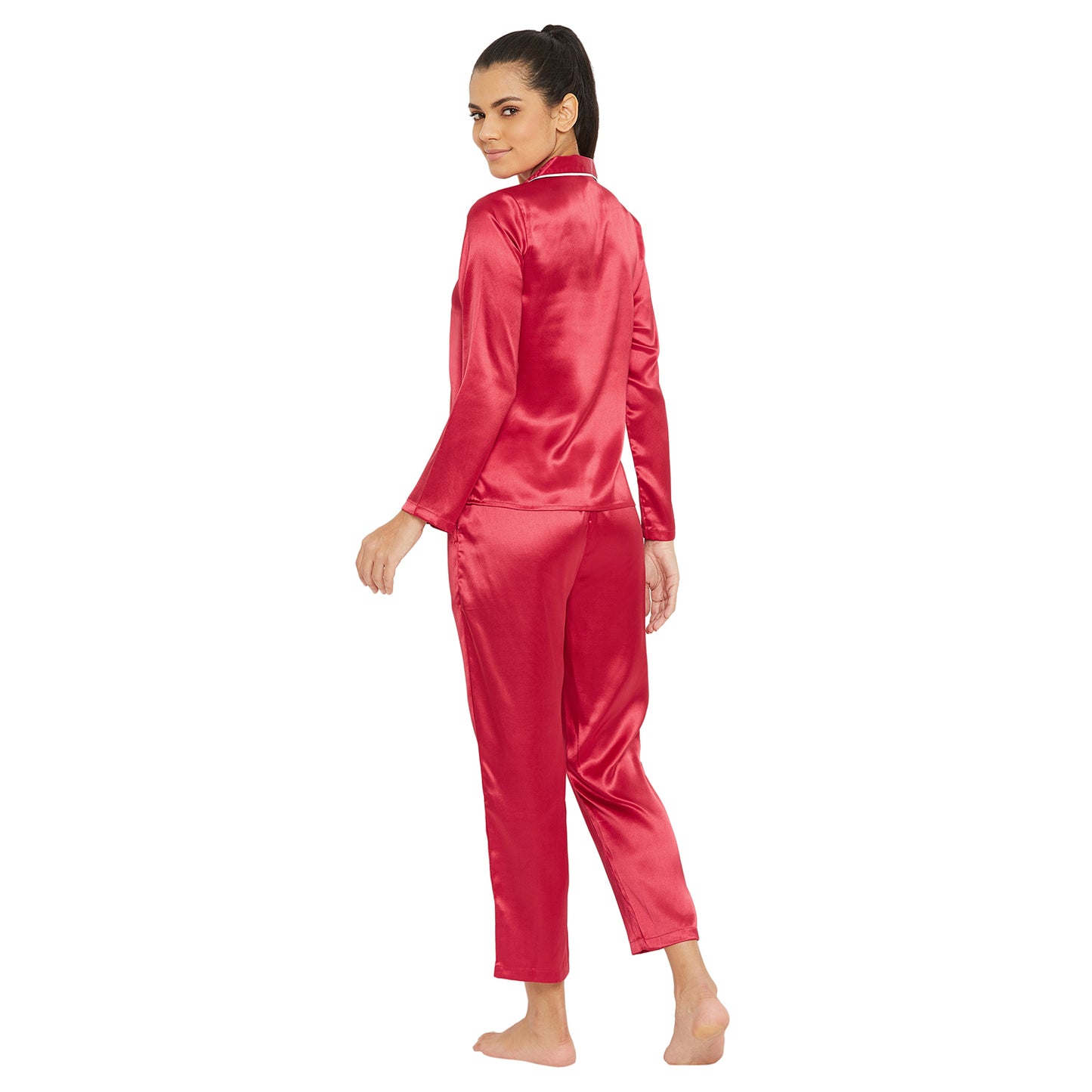 Women Red Satin Finish Solid Night Suit