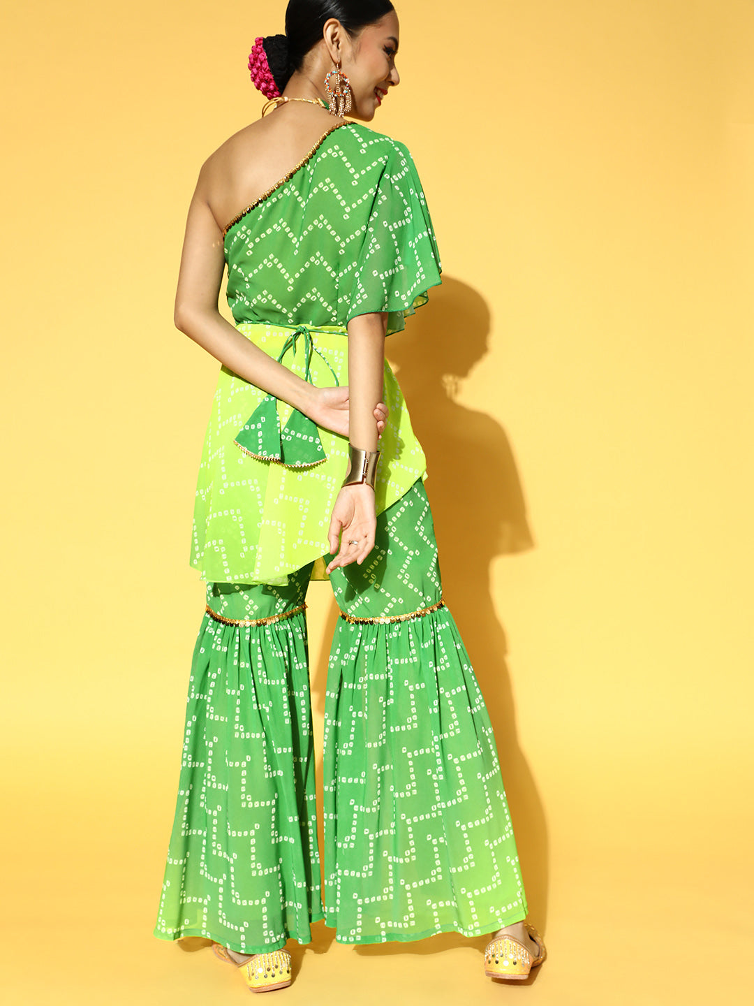 Women Green & Yellow Bandhani Printed One Shoulder Kurta & Sharara with Belt