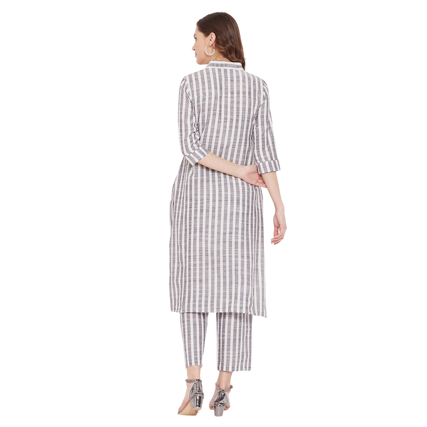 Formal white and grey stripe kurta set
