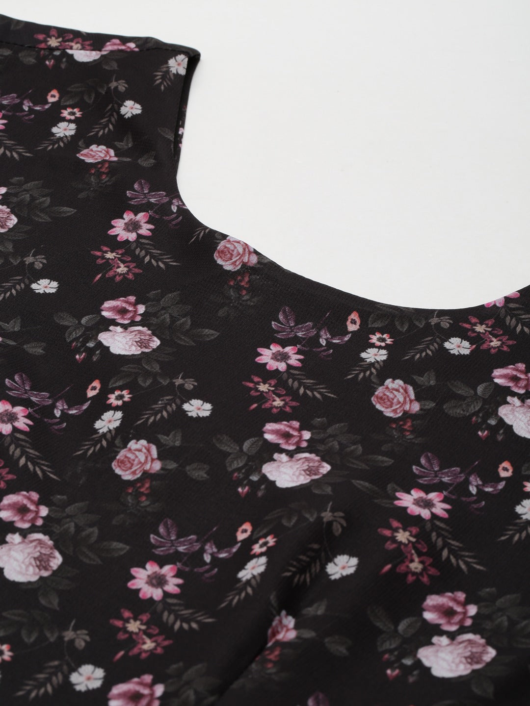 PANIT Black Pink Floral Print Georgette Maxi Dress