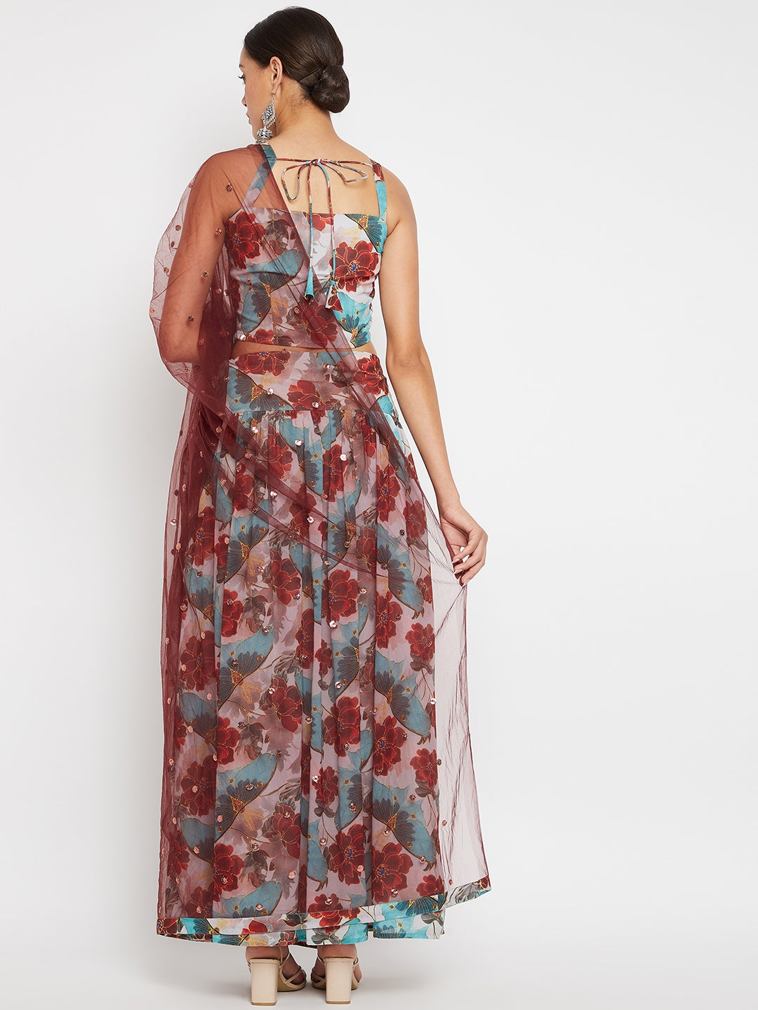 Women Blue Floral Printed Regular Top with Skirt & With Dupatta
