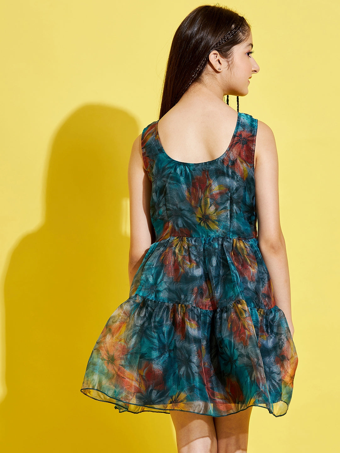 Girls Teal & Rust Floral Dress