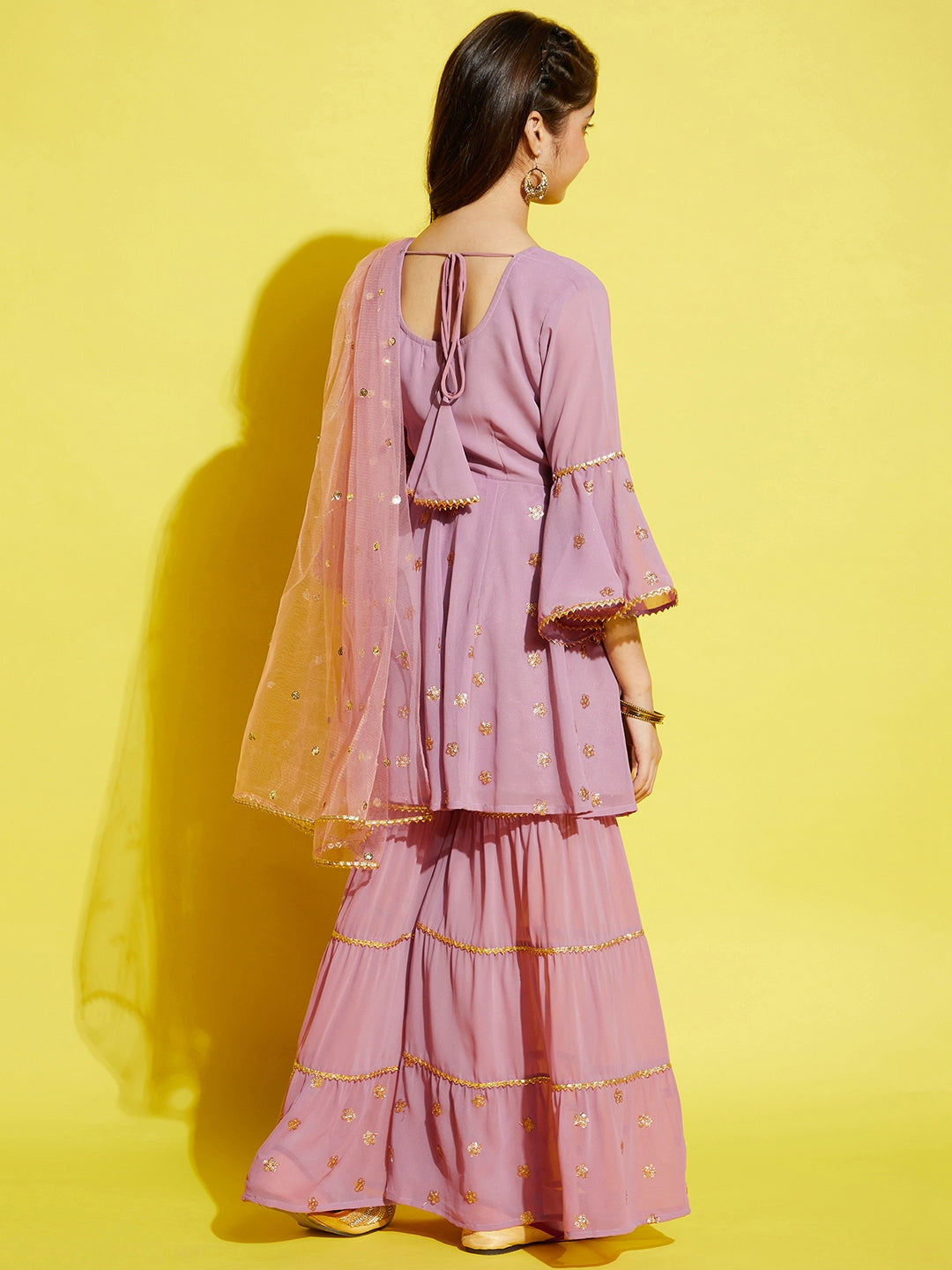 Girls Pink Ethnic Motifs Embroidered Empire Kurta with Sharara & Dupatta
