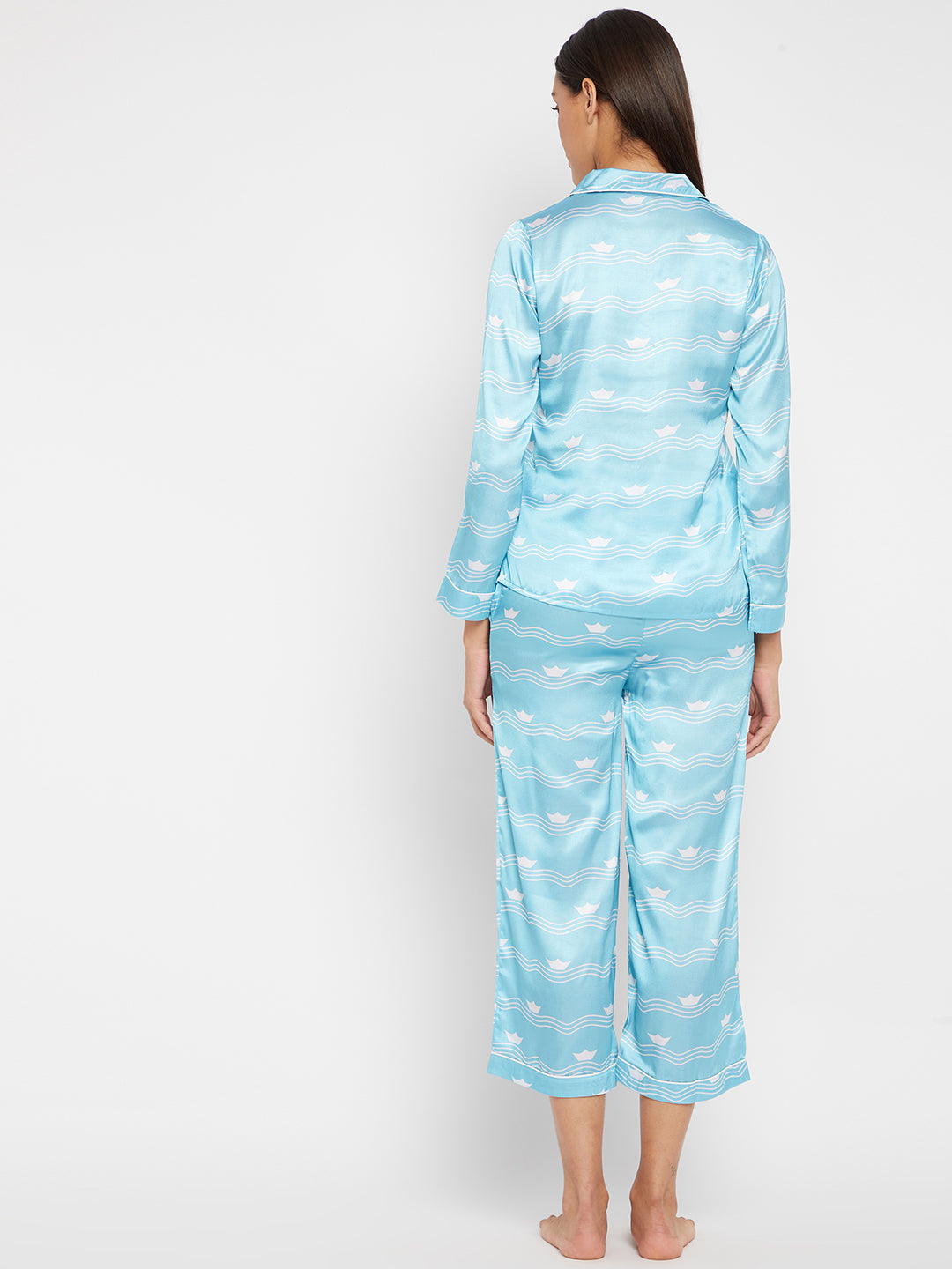 Women Blue & White Printed Night suit