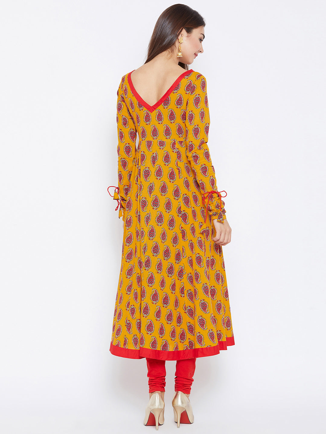 Women's Yellow And Red Color Paisley Printed Anarkali Ankle Length Kurta