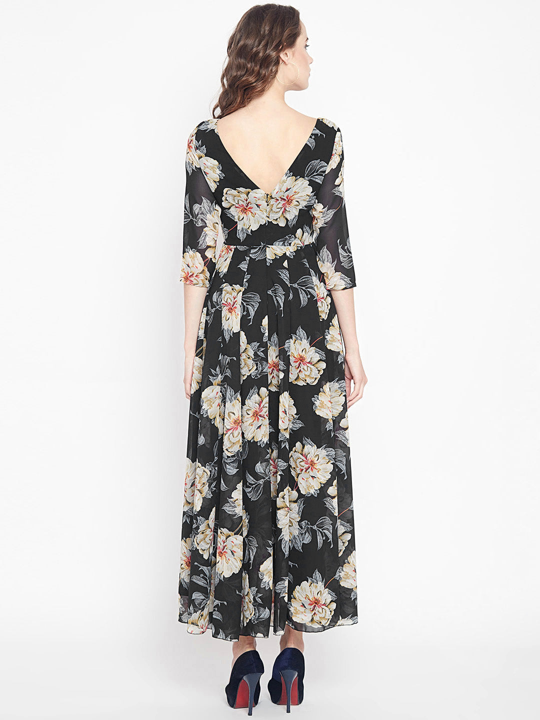 Women's Black Multi colour lily Floral print Maxi dress