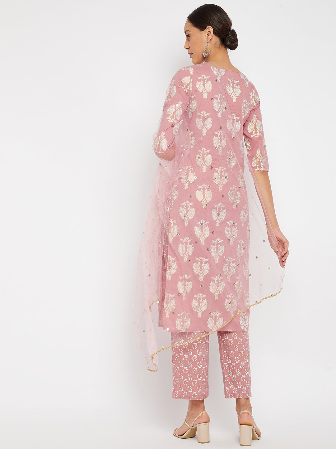 Women Pink Motif straight Kurta with Trouser and Dupatta
