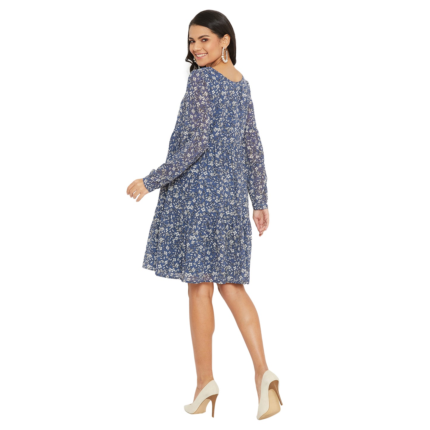 Women Blue Print Tiered A-Line Dress