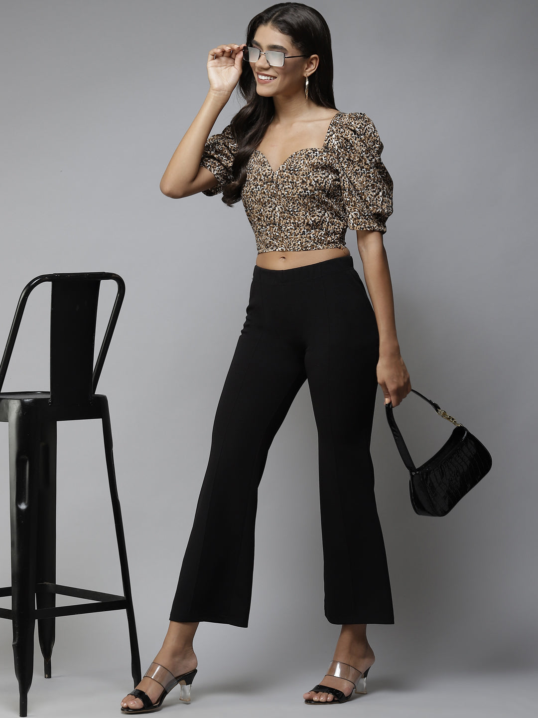 Brown & Black Animal Print Sweetheart Neck Crop Top