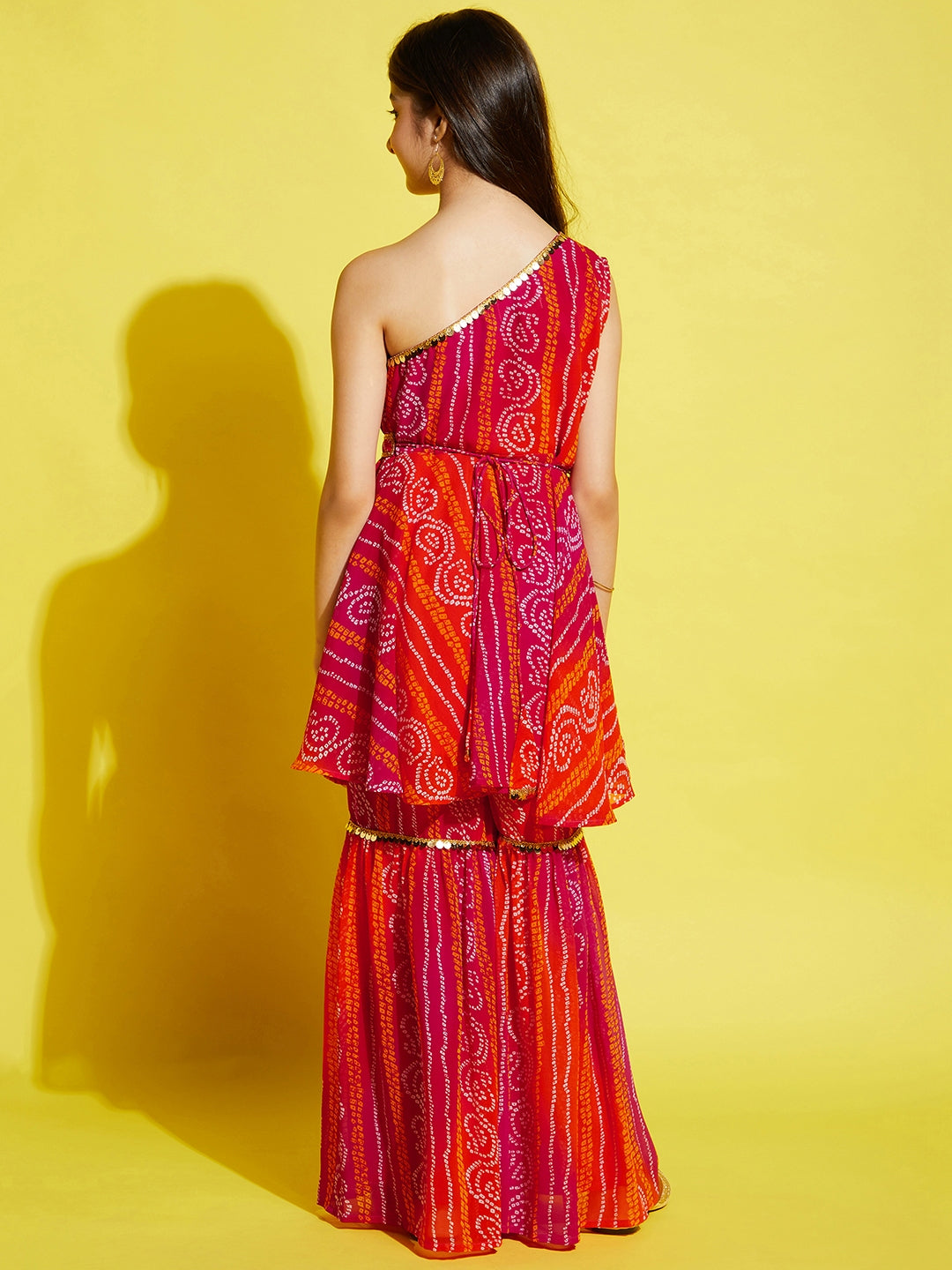 Girls Orange & Pink Bandhani Printed A-Line Kurta with