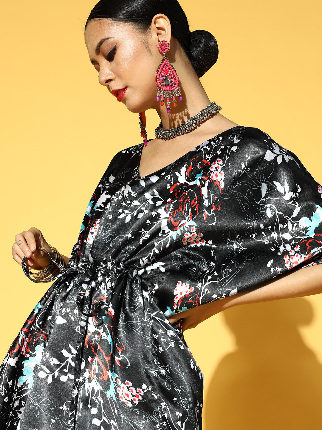 Women Black Floral Printed Kaftan Kurta with Trousers