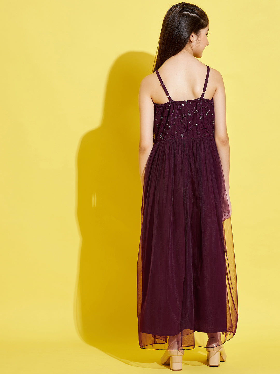 Women Maroon Floral Net Maxi Dress