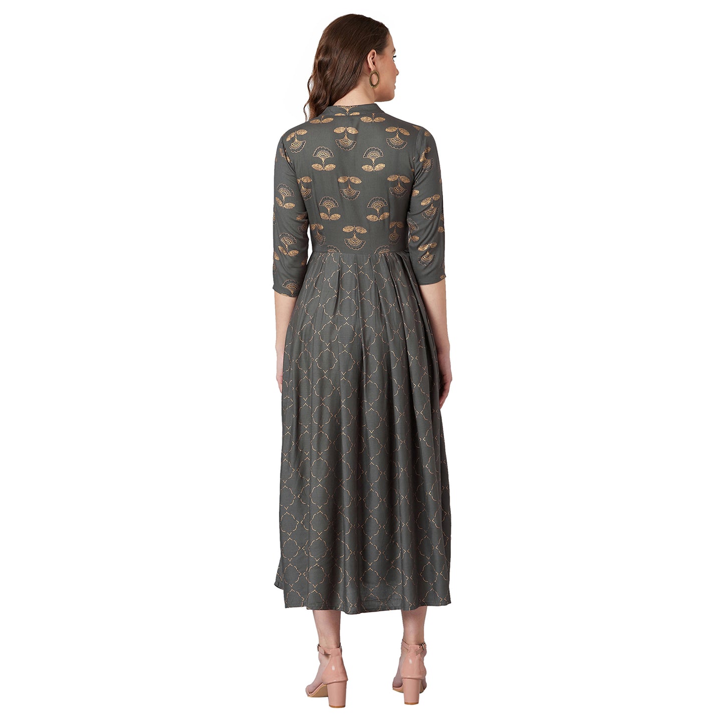 Women Charcoal Grey & Gold Block Floral Print Fit and Flare Dress