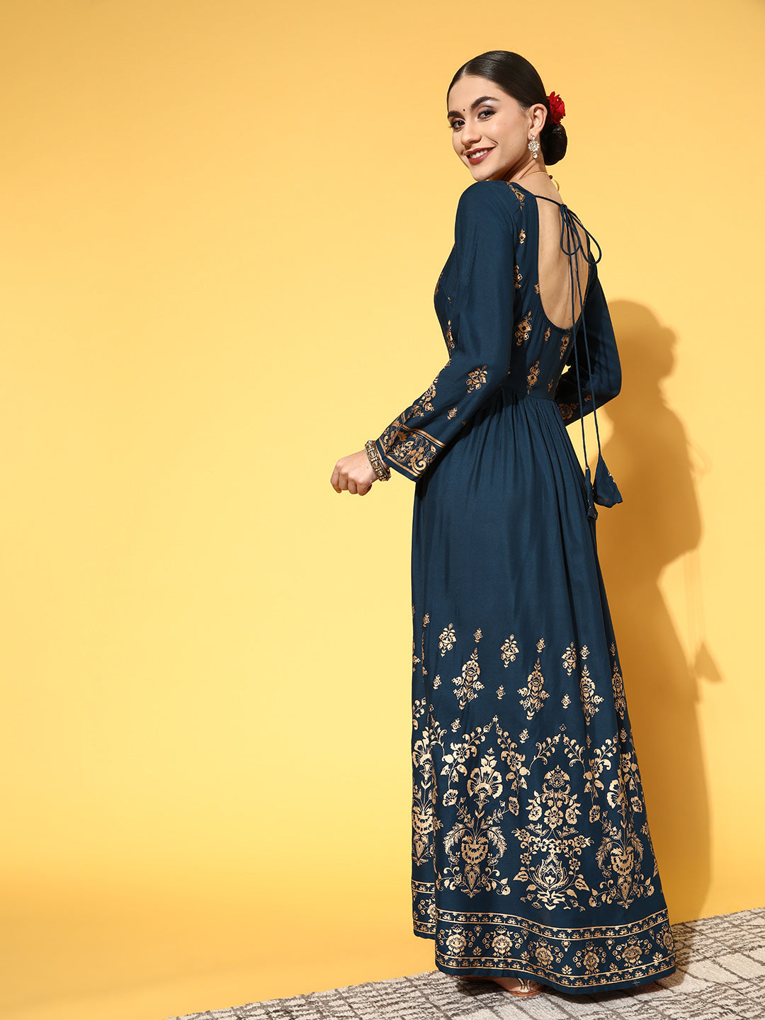 Women Tranquil Teal Ethnic Motifs Swirling Volume Dress