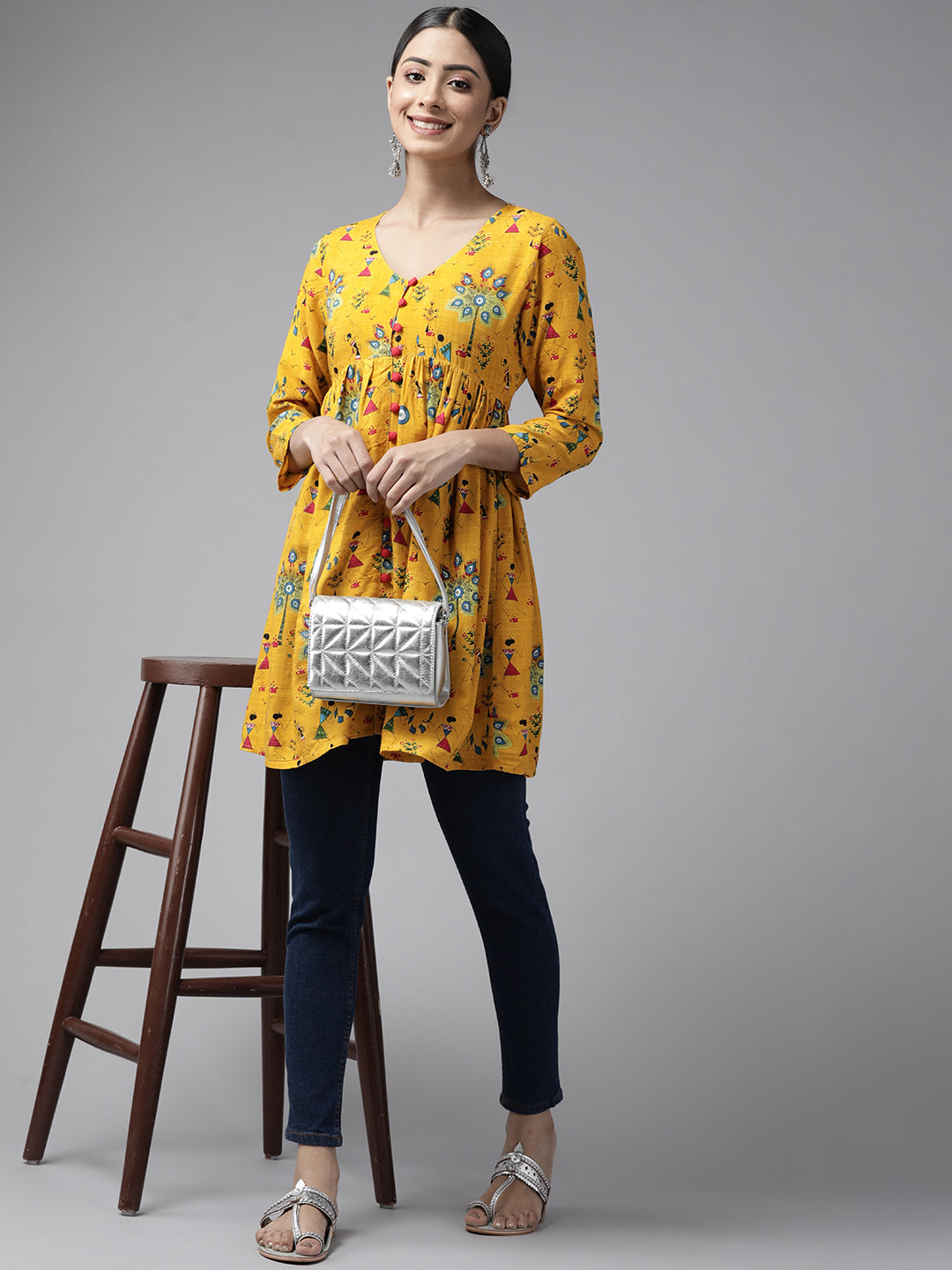 PANIT Women Yellow Black Tribal Printed Pleated Kurti