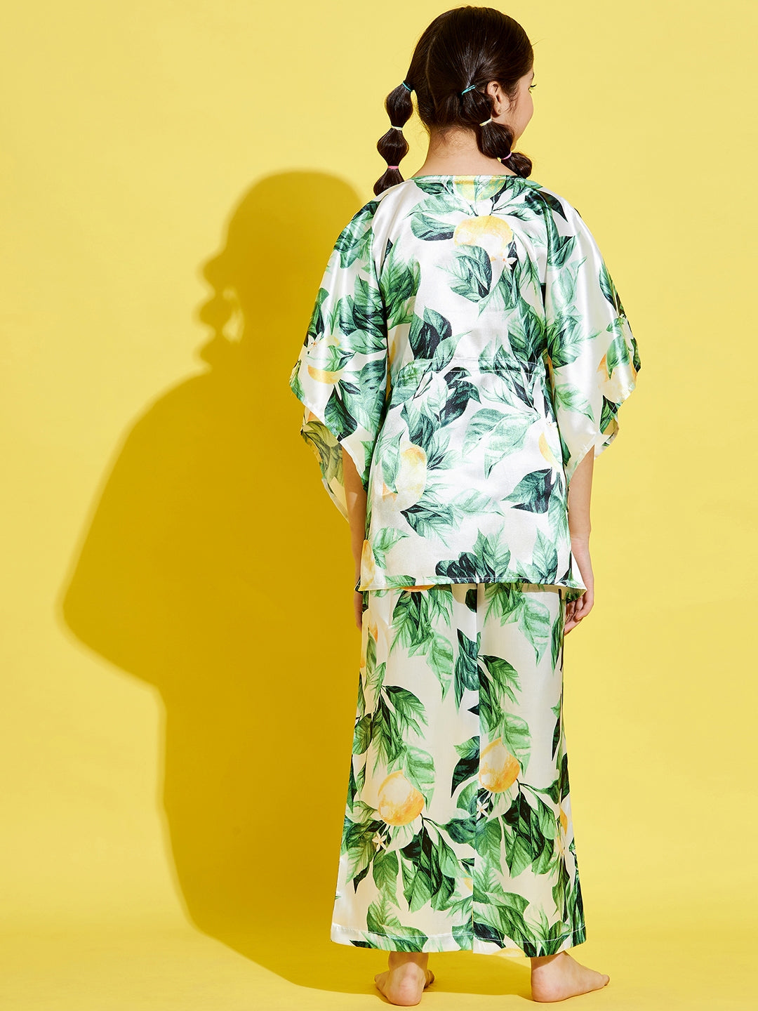 Cherry Jerry Girls Cream-Coloured Green Printed Kaftan Night suit