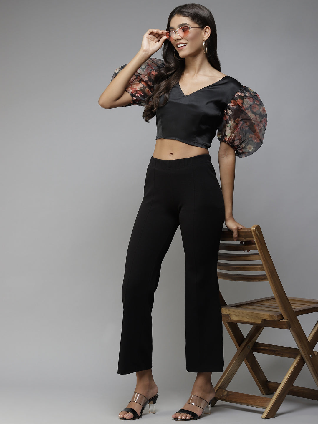PANIT Black Red Floral Print Satin Blouson Crop Top