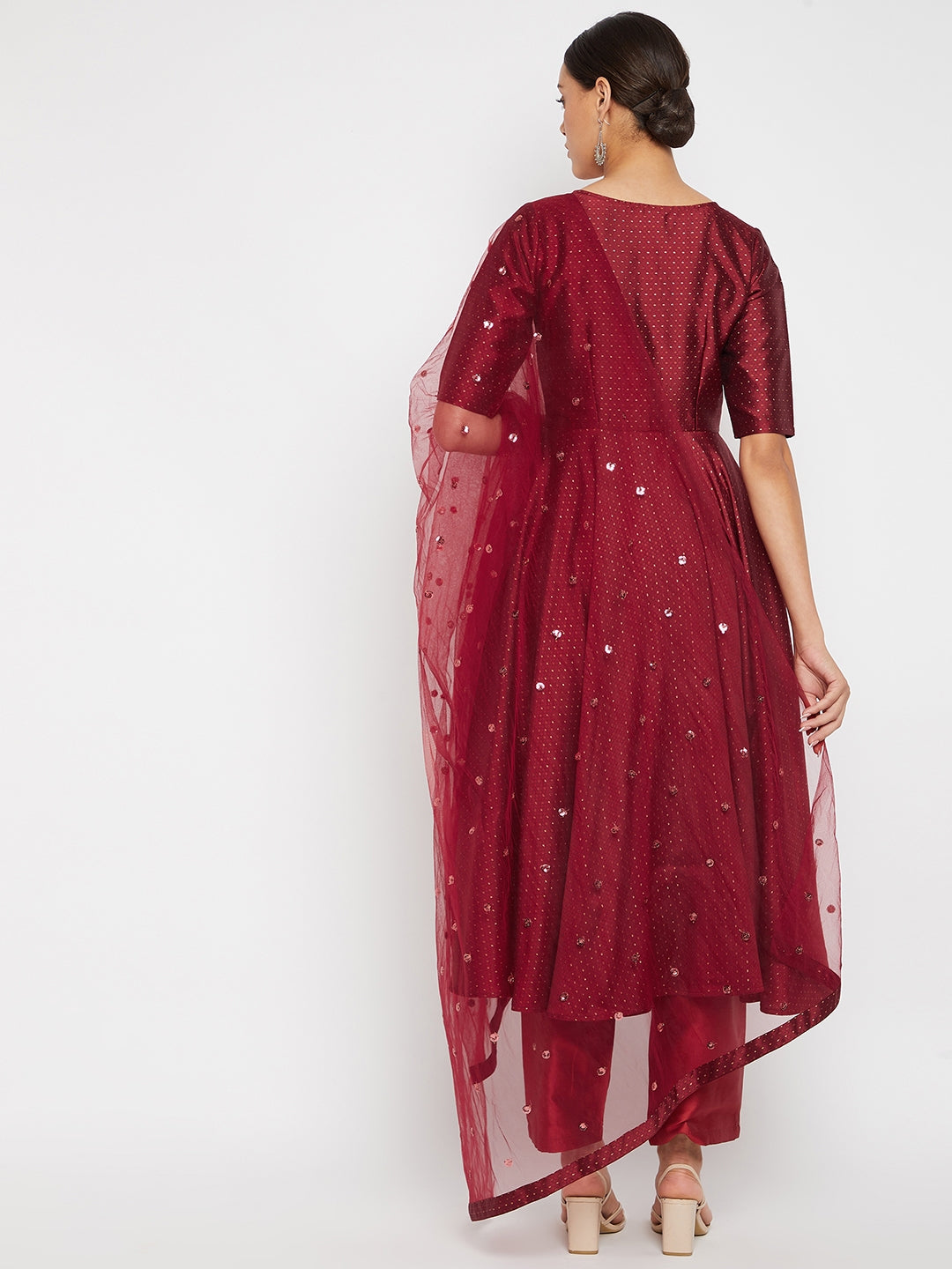 Women Maroon Pleated Golden Thread Work Kurta Set With Trouser And Dupatta