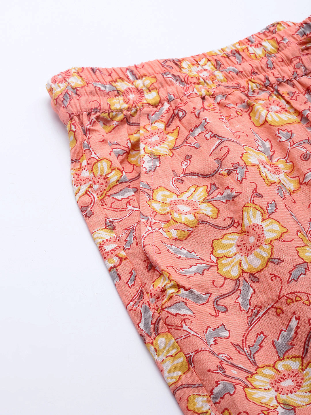 Women Peach-Coloured & Yellow Cotton Floral Printed Comfort Fit Trousers