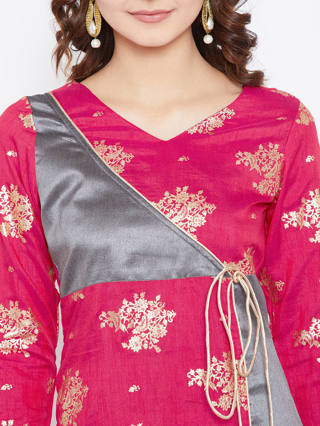 Women's Magenta And Grey Color On Gold Foile Printed Streight Angrakha Kurta