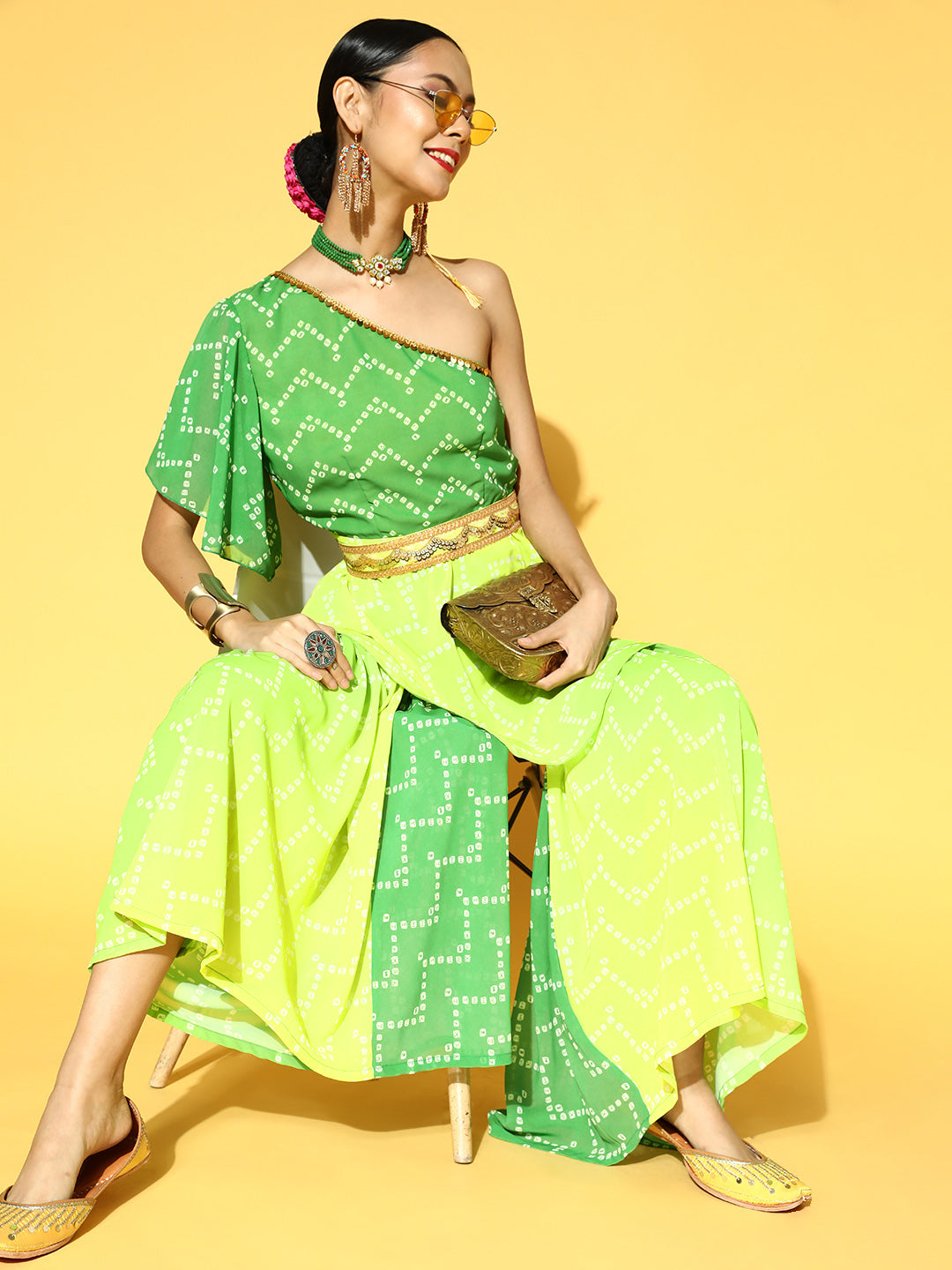 Women Green & Yellow Bandhani Printed One Shoulder Kurta & Sharara with Belt