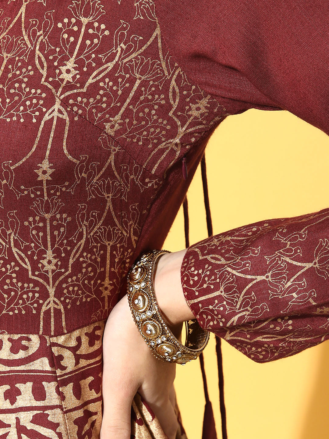 PANIT Maroon Ethnic Motifs Swirling Volume Dress