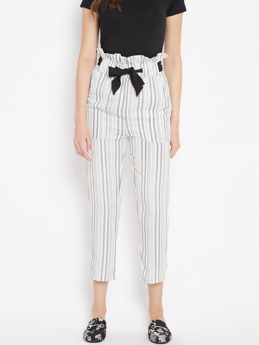 Women's ivory grey stripes high waist trouser