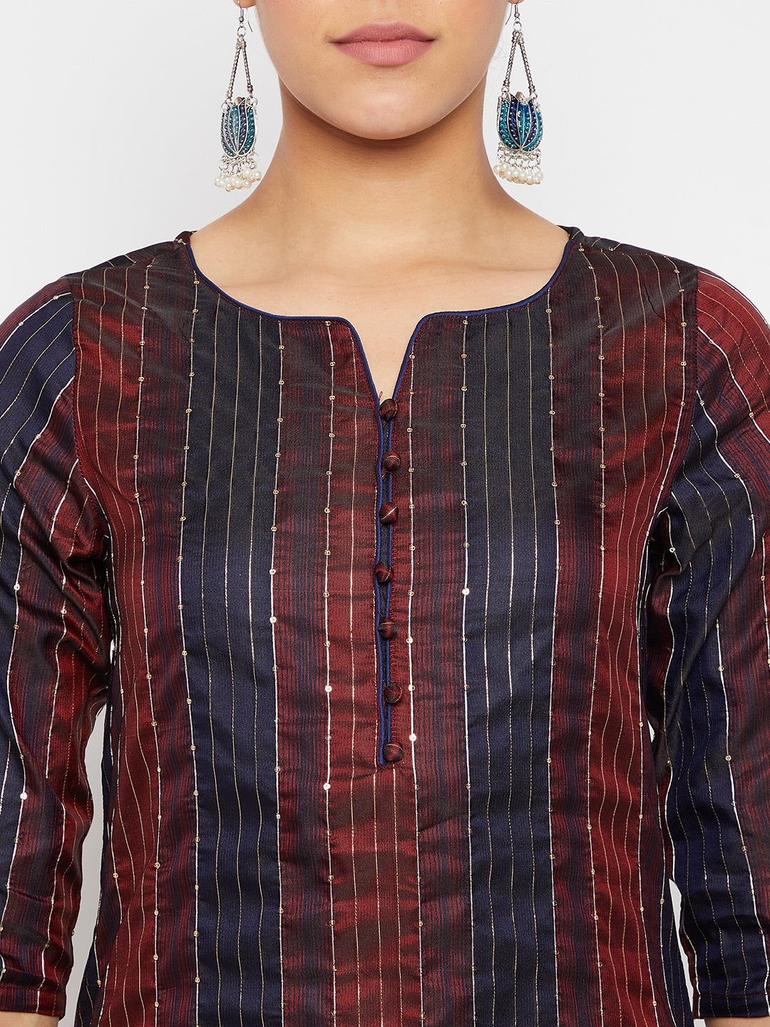 Women Maroon Blue Sequin Straight Kurta Set with Dupatta