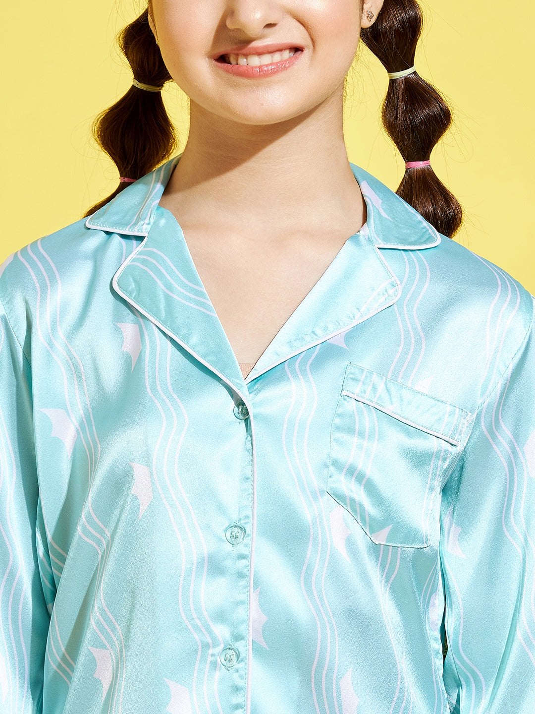 Girls Turquoise Blue & White Printed Night suit