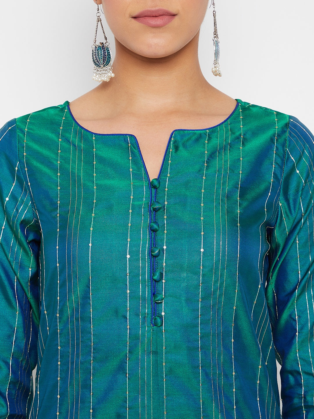 Women Green Blue Sequin Straight Kurta Set with Dupatta