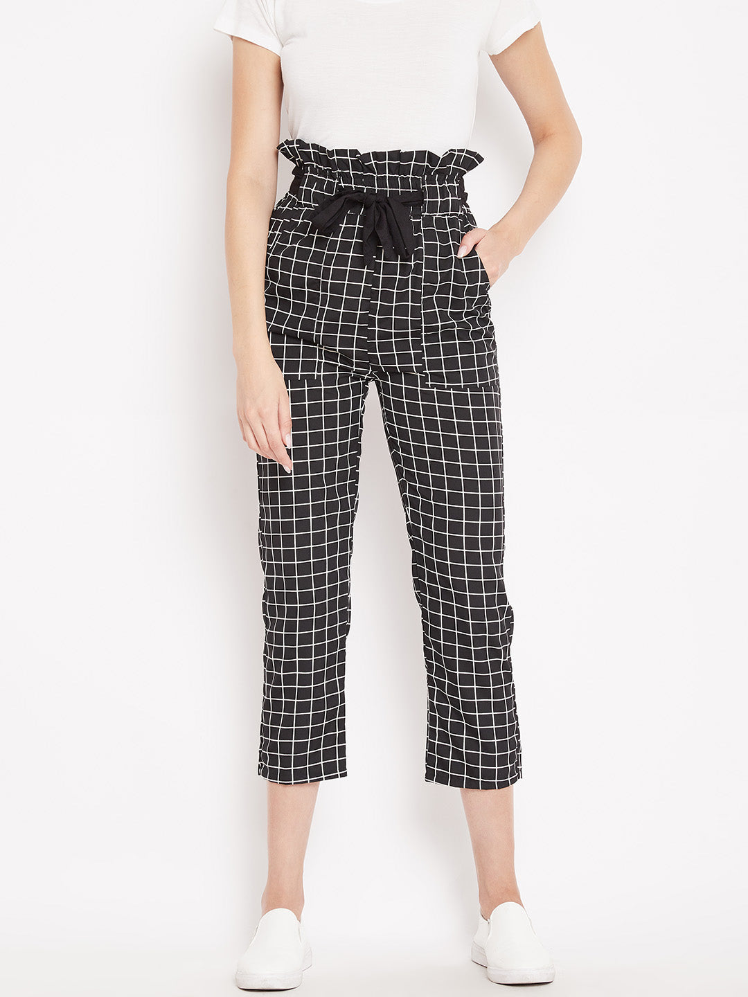 Women's black and white plaid pleated high waist trouser