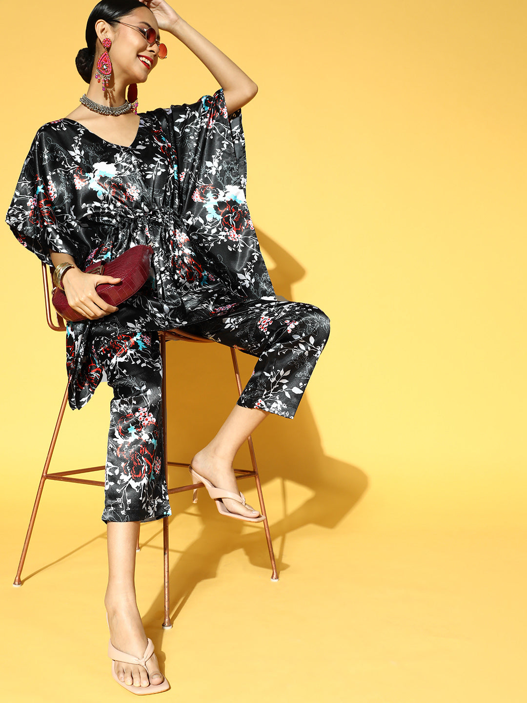 Women Black Floral Printed Kaftan Kurta with Trousers