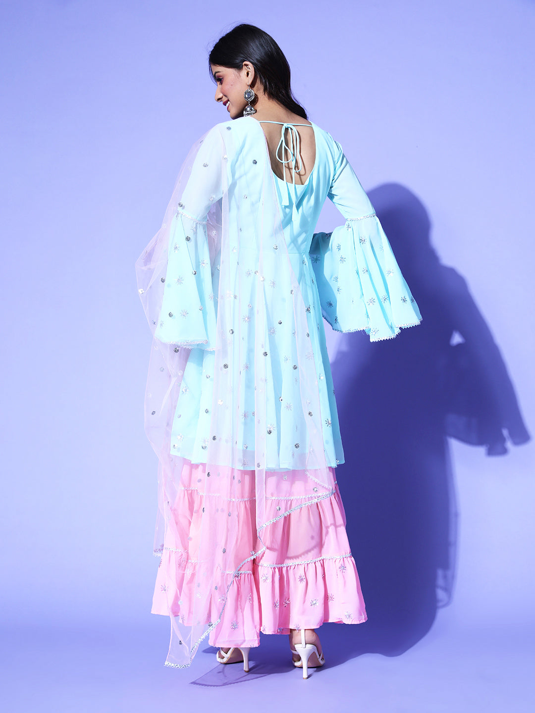 Embroidered baby blue kurta and baby pink sharara with matching embroidered dupatta