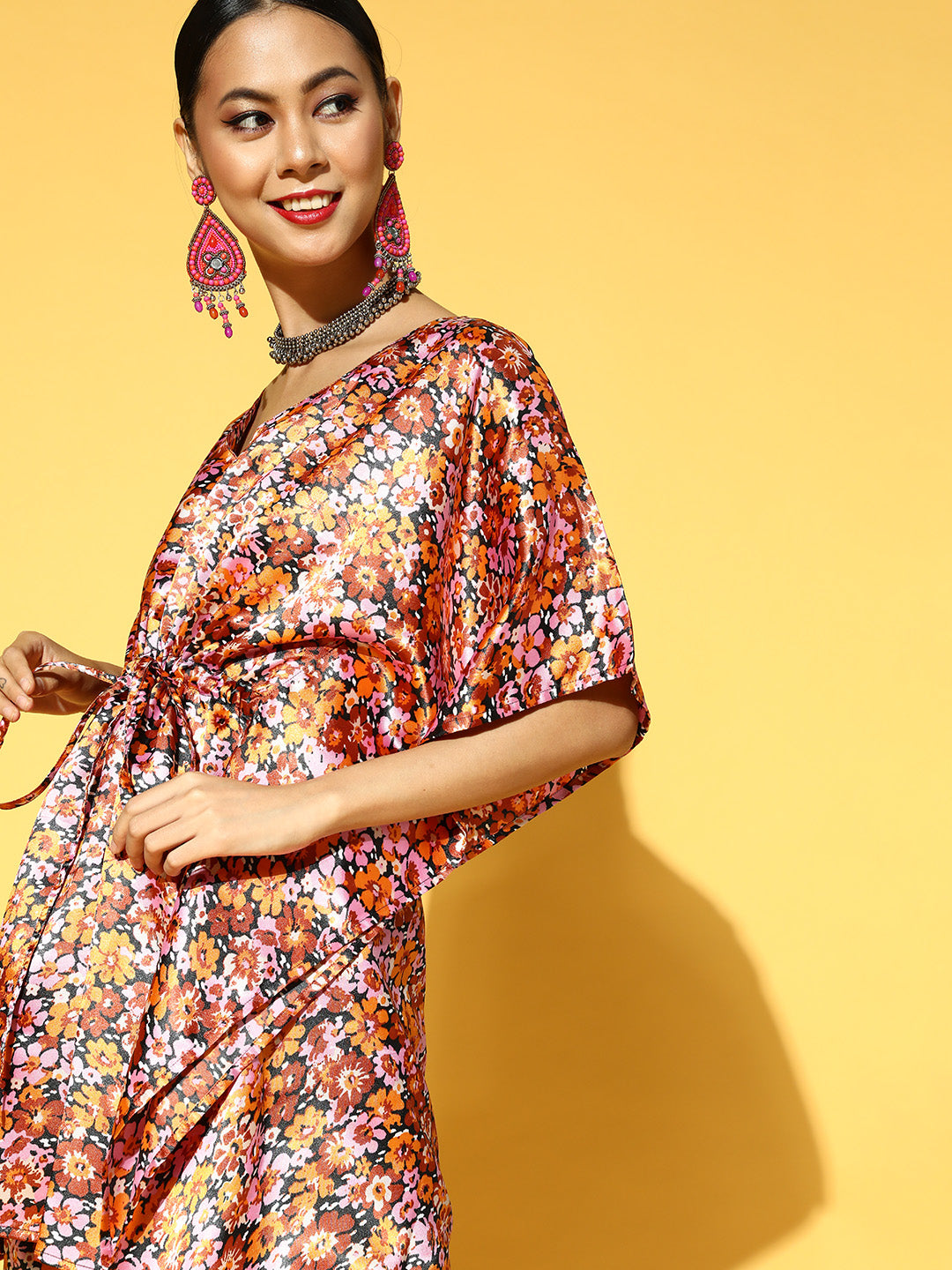 Women Orange & Pink Floral Printed Kaftan Kurta with Trousers