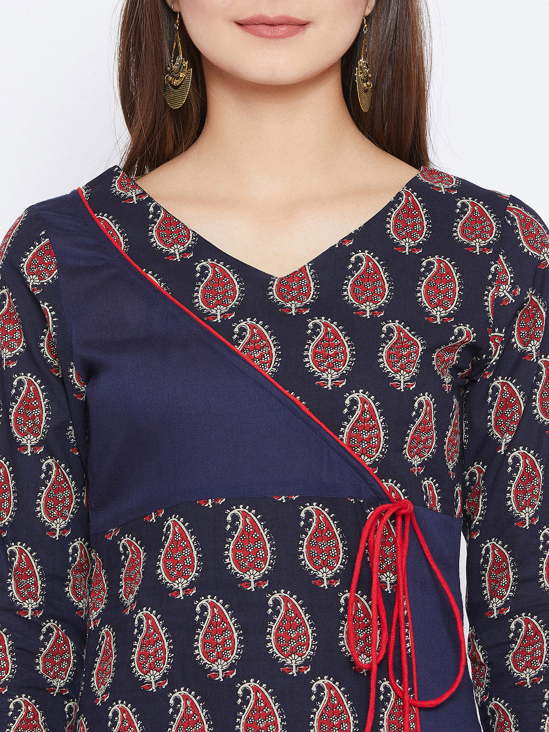 Women's Navy Blue And Red Color Paisely Printed Streight Fit Angrakha Kurta