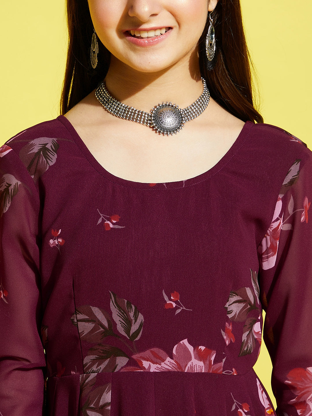 Girls Maroon Floral Printed Georgette