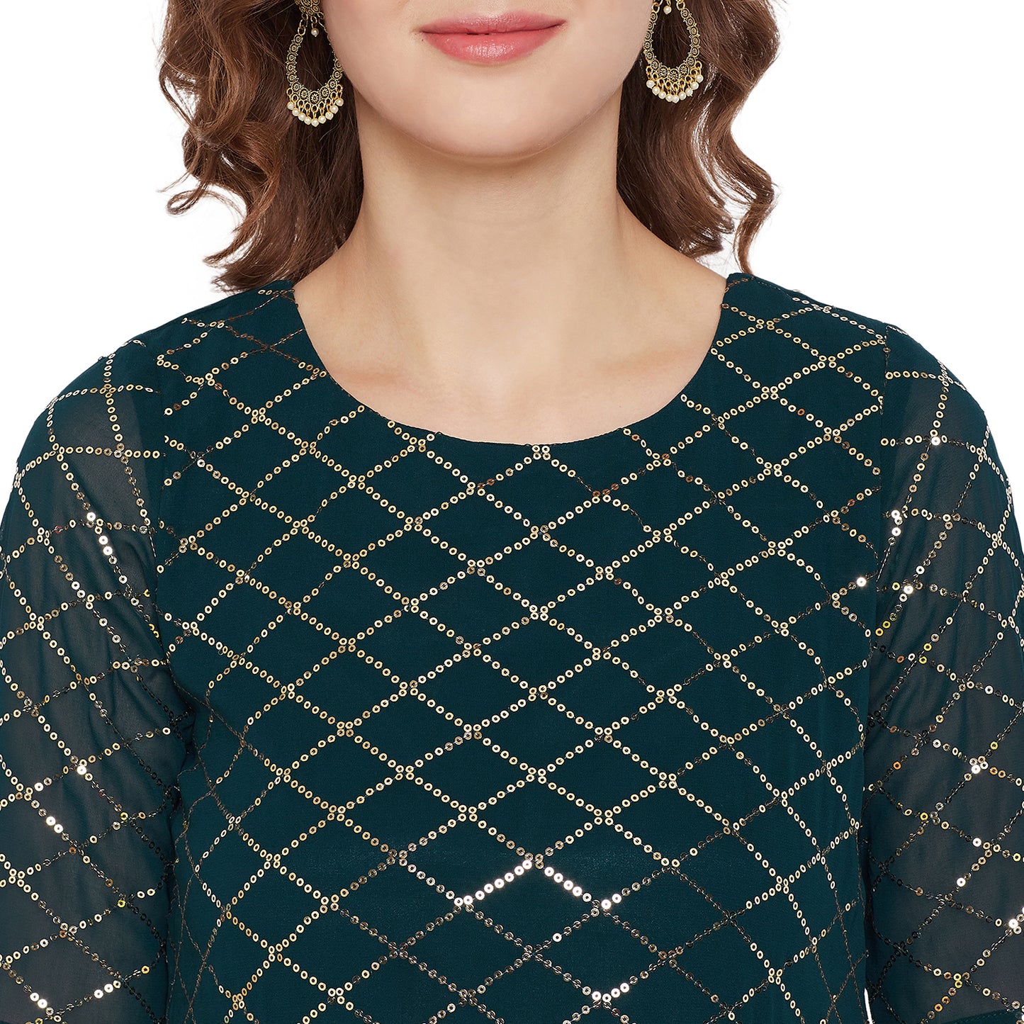 Dark green jaal embroidered kurta and sharara with lime green dupatta
