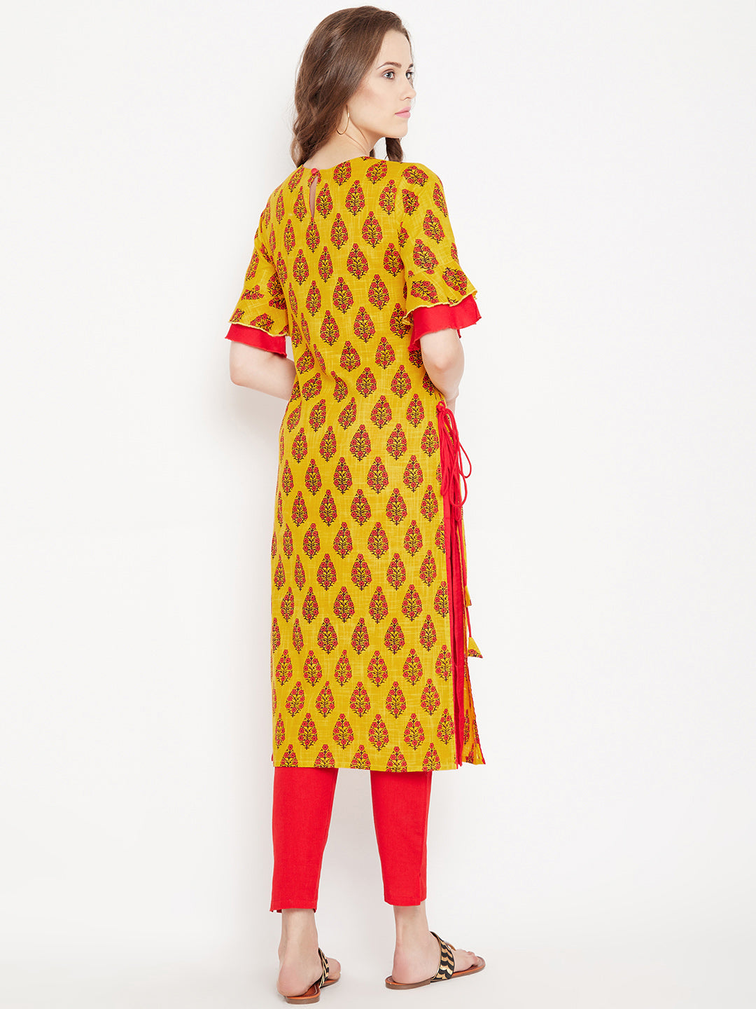 Women's Yellow Ethnic Motif Printed Mid Length Layed Kurta
