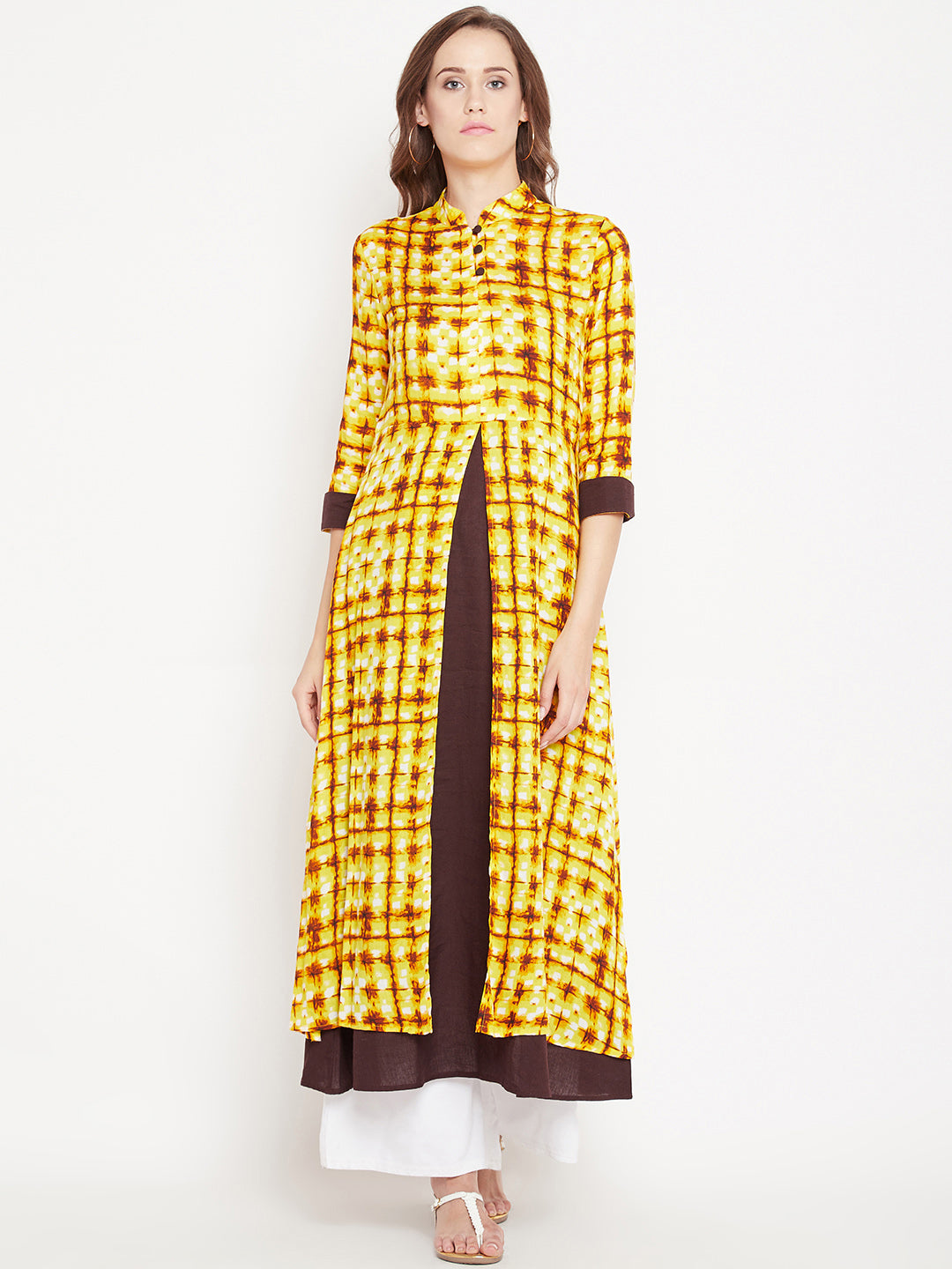 Women's Yellow And Brown Based Shibori Printed Mid Length Layered Kurta
