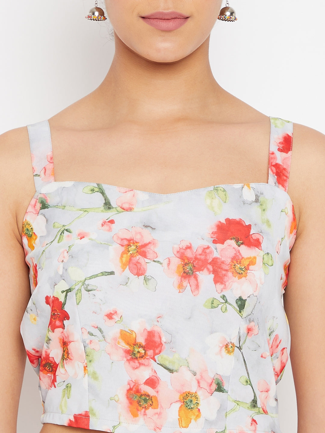 Women Off-White Floral Printed Regular Top with Skirt & With Dupatta