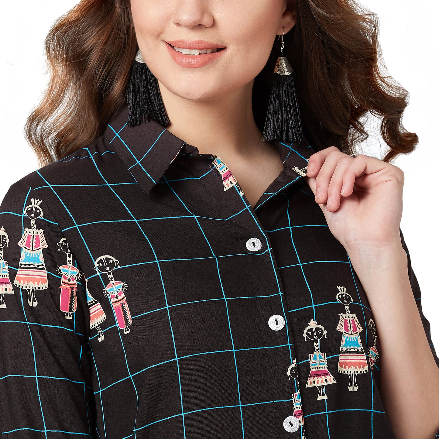 Women Black & Blue Tribal Print Straight Kurta